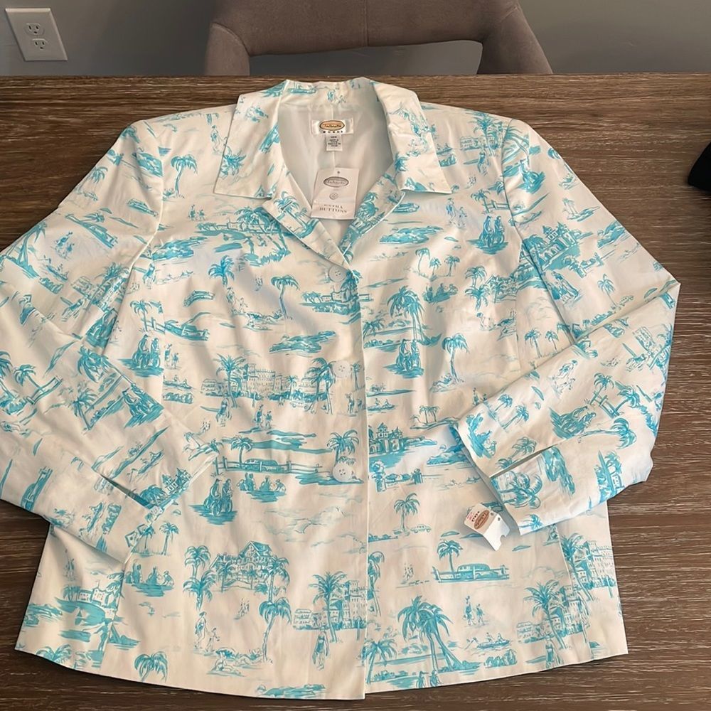 NWT Talbots Women 12W WhIte Turquoise Beach Print Lined Long Sleeve Jacket
